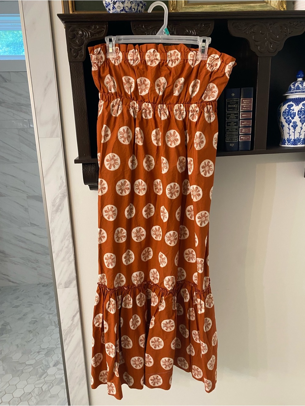 Free People Rust Orange Strapless Maxi Dress with White Medallion Print